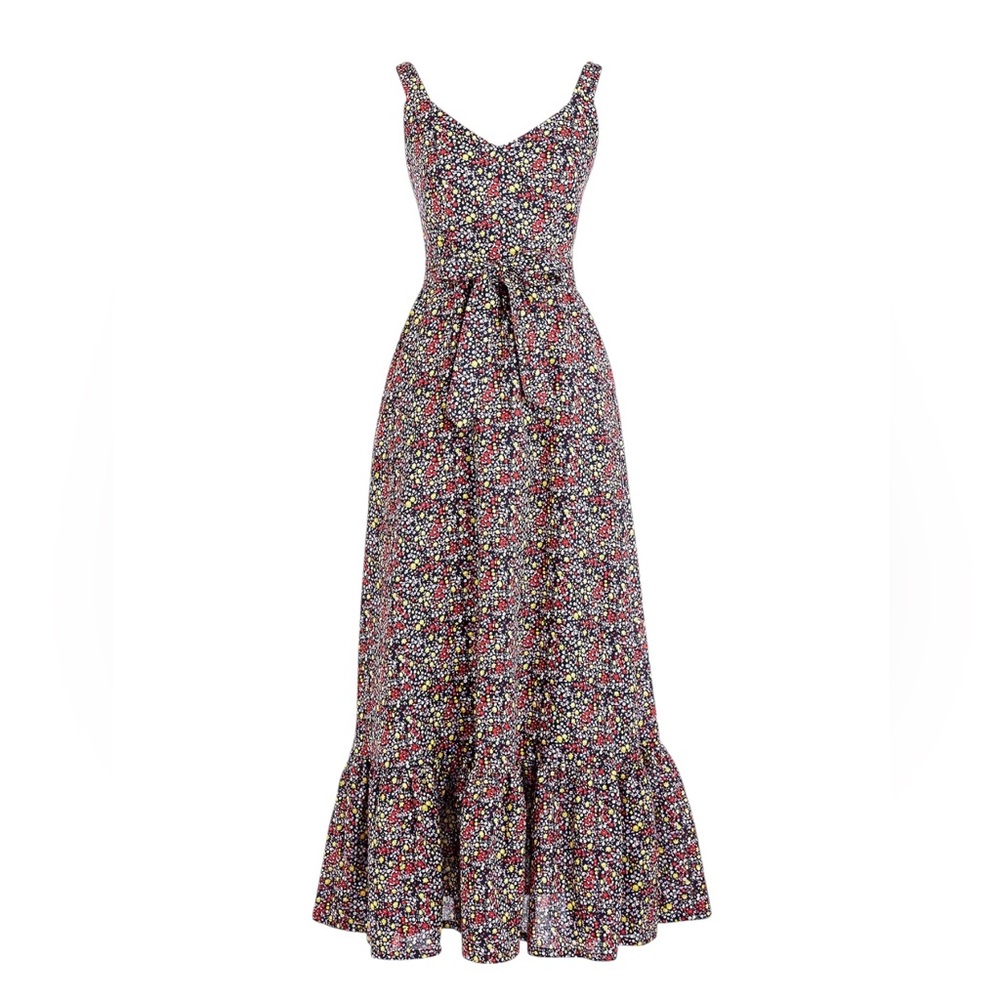 J.CREW Ditsy Floral Linen Tie Waist Tiered Ruffle Maxi Dress Size 8 Navy - Picture 3 of 15